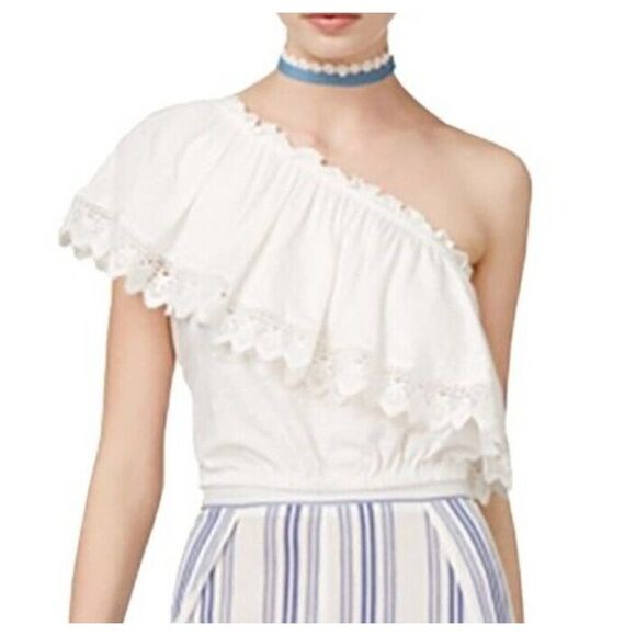 American Rag Cie Women Top BLACK One Shoulder Ruffle Crochet Blouson Plus 2X New - Picture 1 of 6